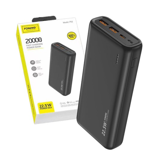 Banco de Potência Foneng P52 Dual USB 22,5W 20000mAh PD+QC3,0 Preto